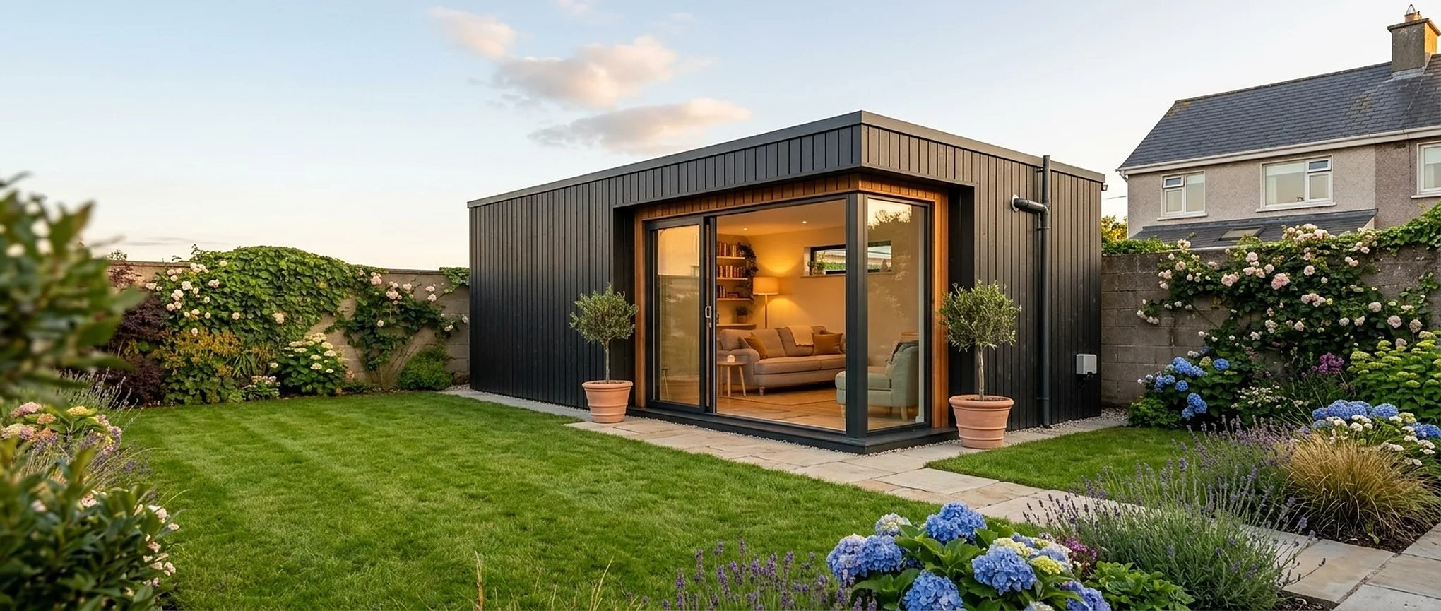 A dark-clad modular garden home with a glazed corner, lit warmly inside, at the end of an Irish back garden in evening sun