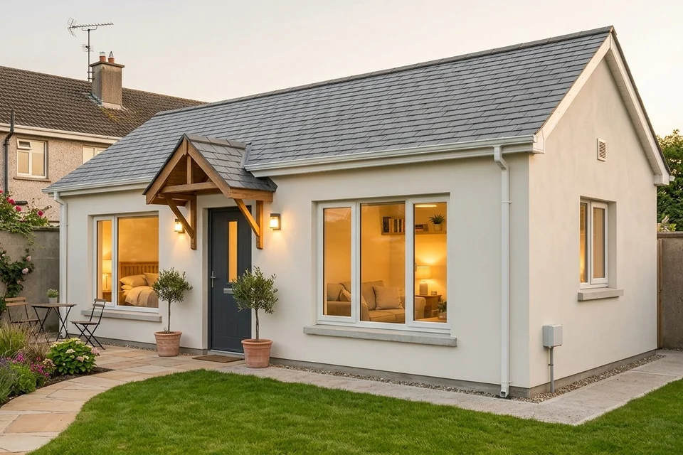 A finished block-built garden home with smooth render and a slate roof