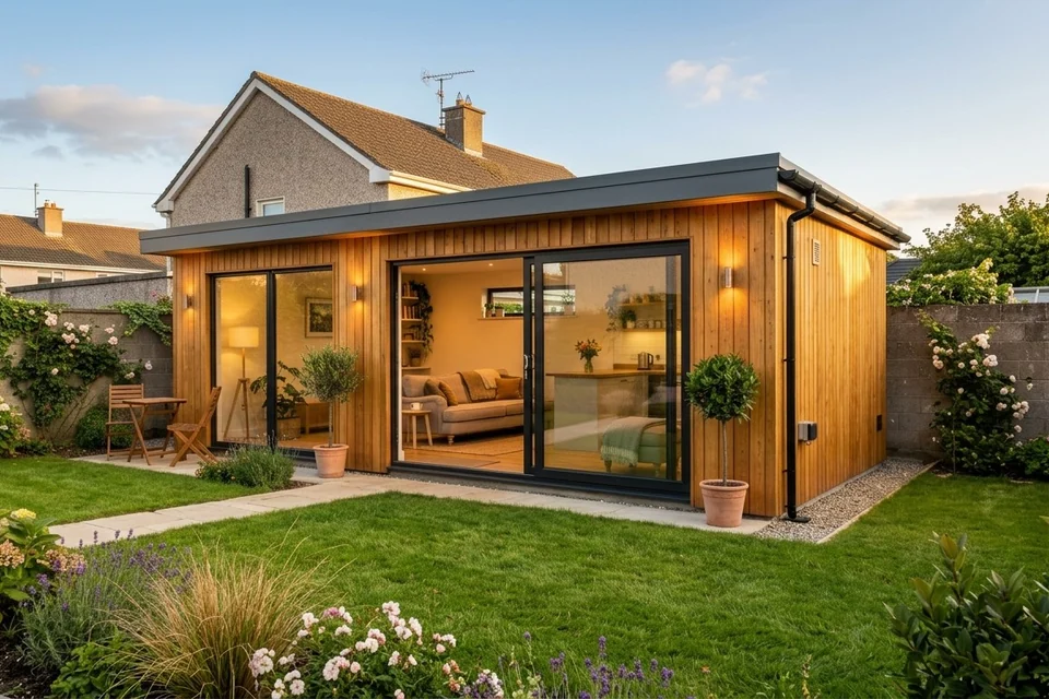 A finished timber frame garden home clad in warm vertical larch