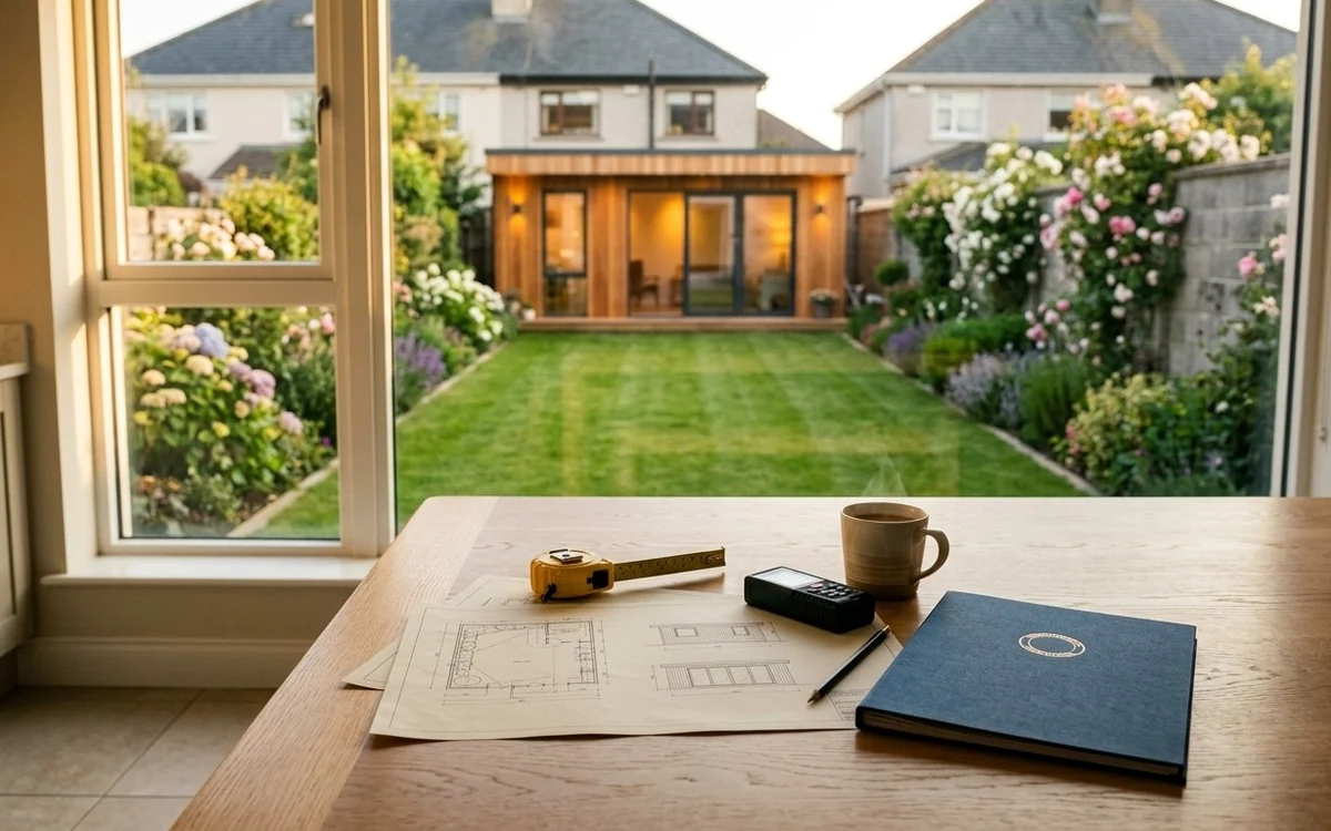 Garden drawings, a tape measure and a certificate folder on a kitchen table, with a finished garden home glowing at the end of the garden