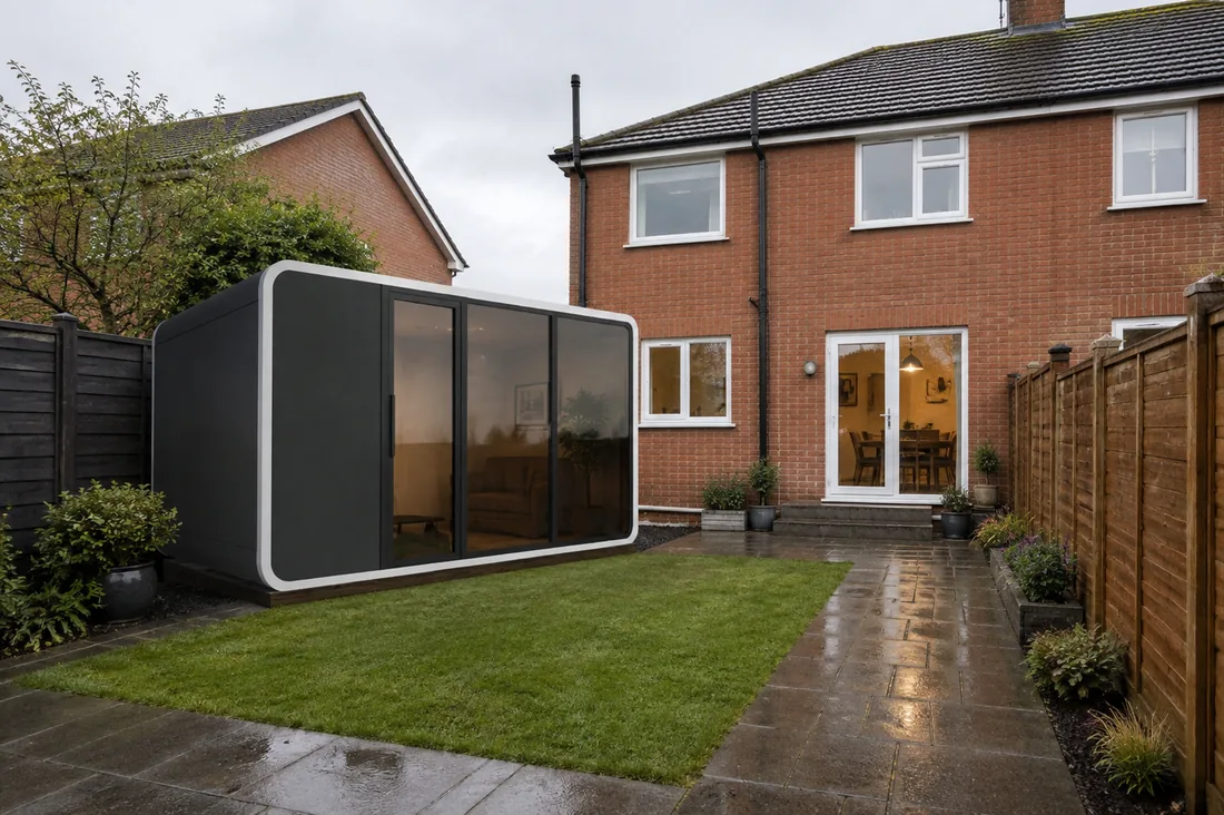 A dark compact pod with a white frame and full-width glazing
